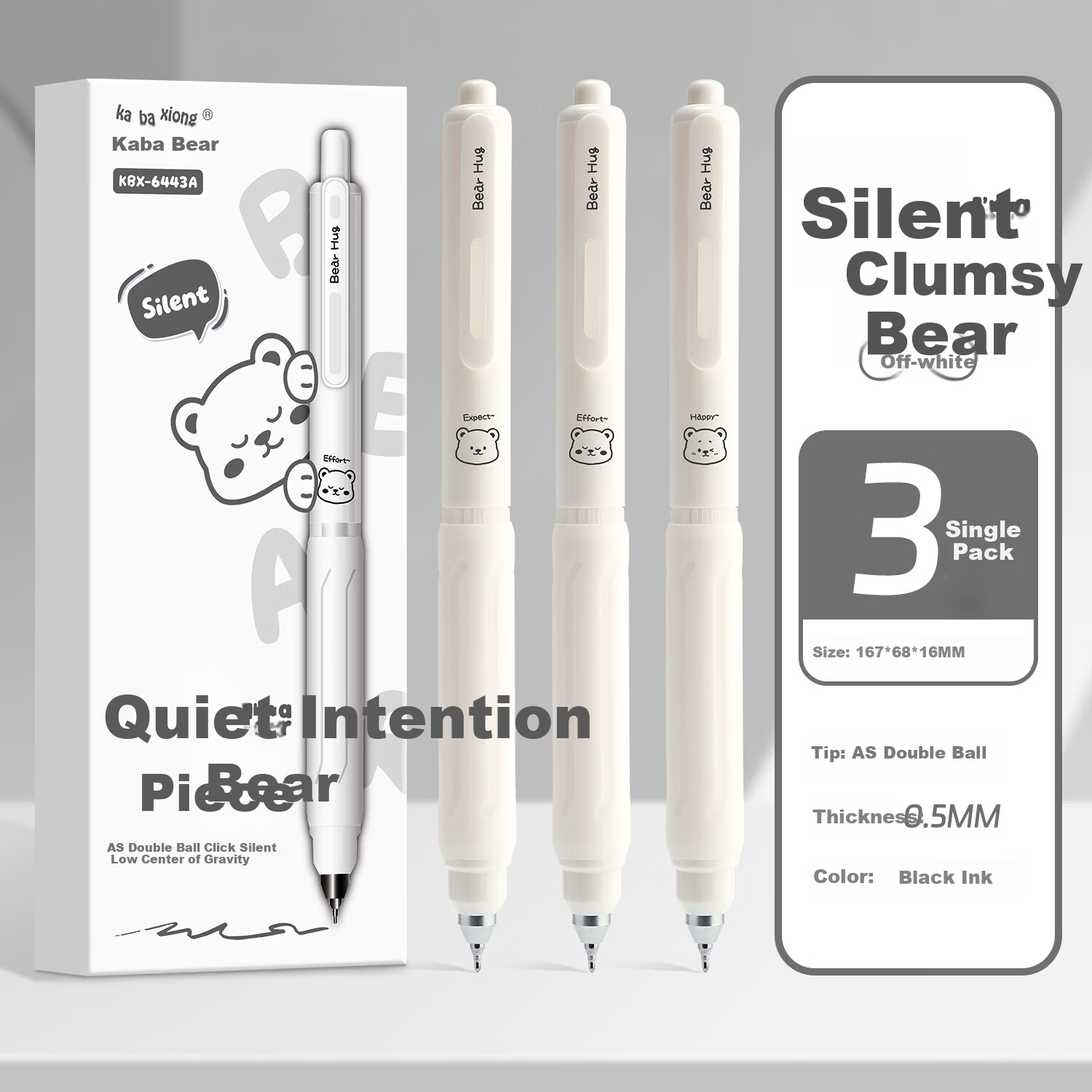 Kaba Bear Low Center of Gravity Neutral Retractable Silent Pen Student Exam Essential Smooth Flow High-Quality AS Dual Ballpoint Pen Off-White