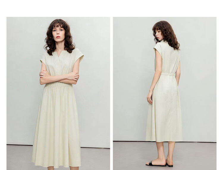 Demana [Lyocell Cotton Blend] Summer Simple Style V-Neck Short Sleeve Waist-Cinched A-Line Slimming Work Dress for Women 11