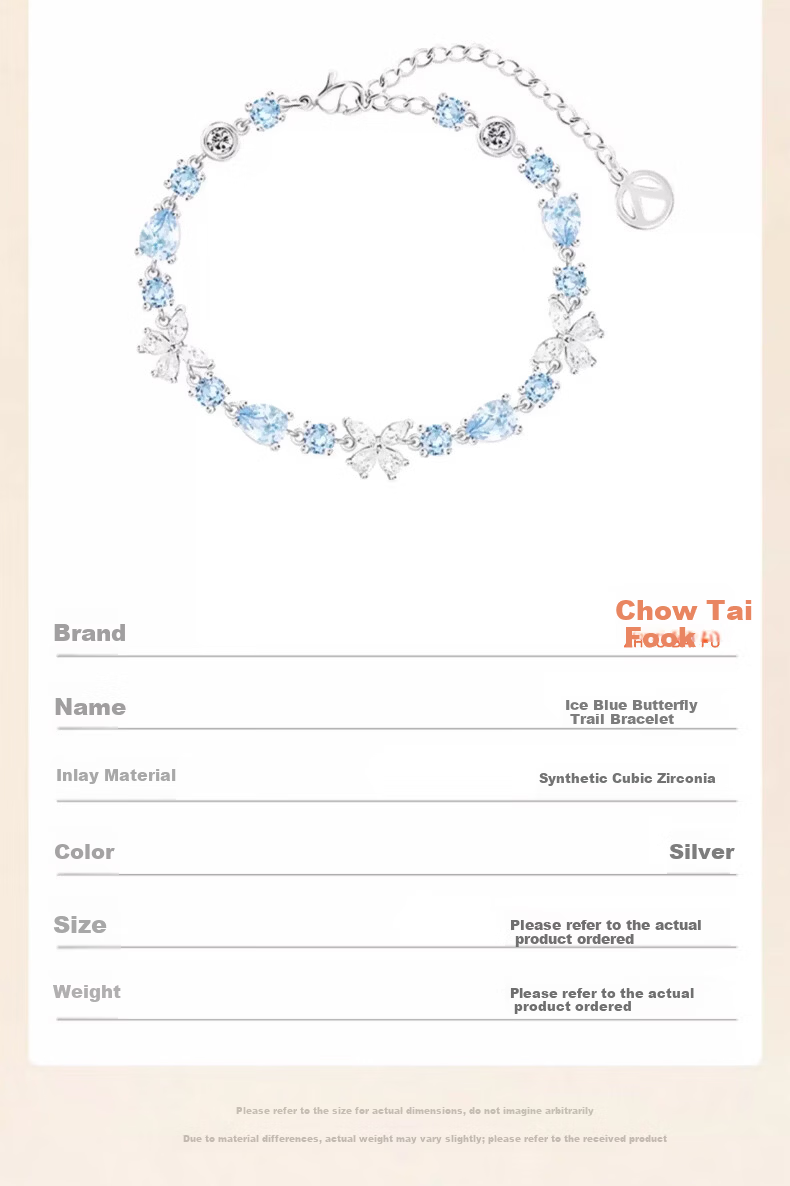 Chow Tai Fook [1000+ Stores] Ice Blue Butterfly Trail Women's Bracelet Full Diamond Niche High-End Bracelet Gift for Girlfriend 6