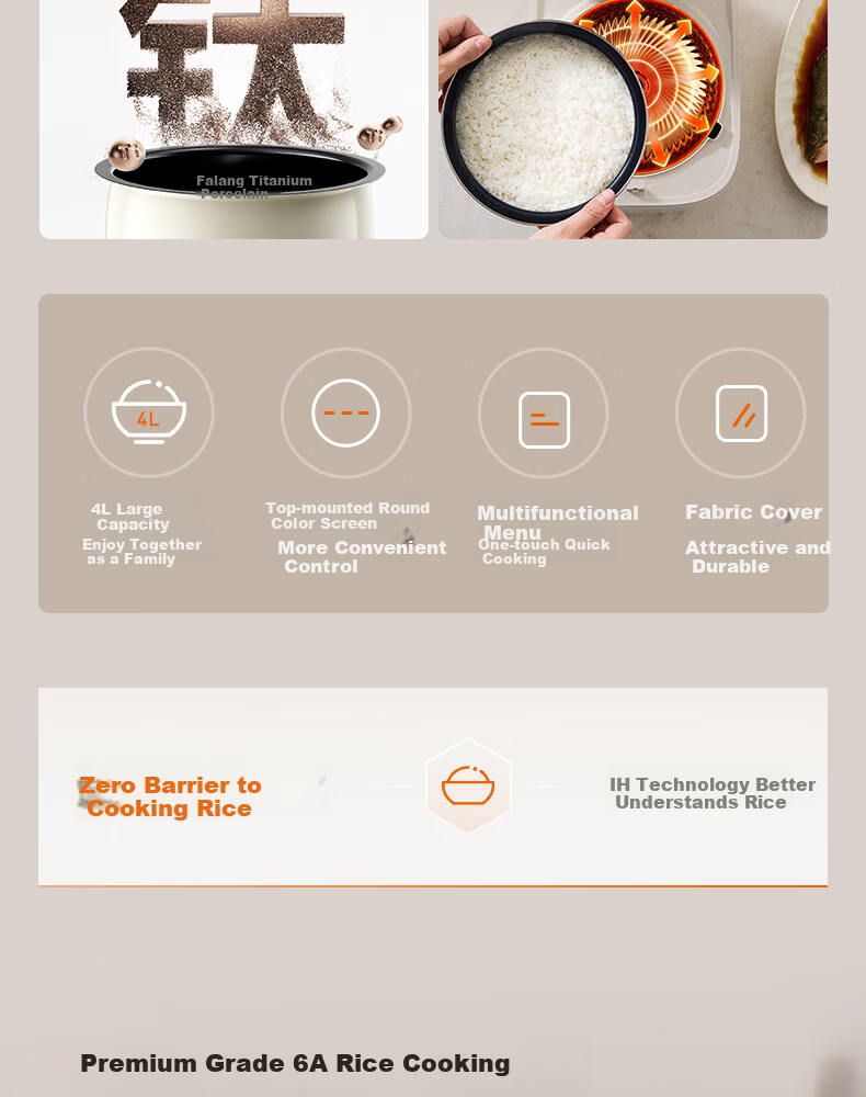 Joyoung 0 Fluoride Series Enamel Titanium IH Rice Cooker 4L 1200W Titanium Inner Pot 3-4 People Non-Teflon 6A Micro Pressure FF-PR1H02 (4L) 8