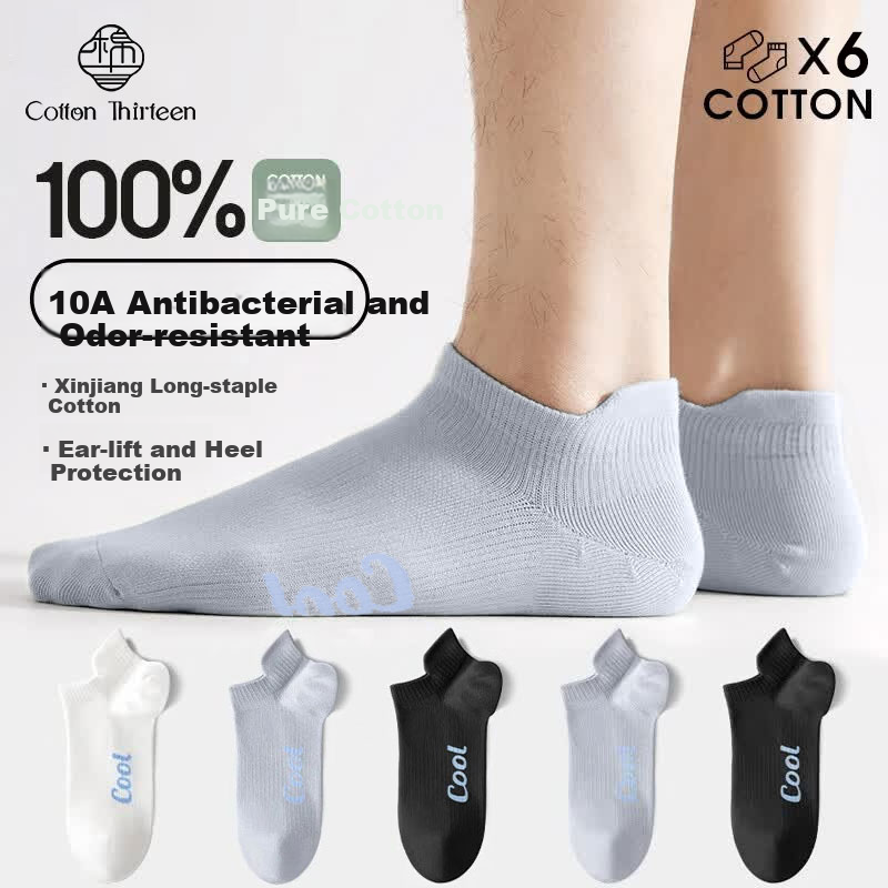 Cotton Thirteen Summer Men's Socks 100% Cotton Short Socks 10A Antibacterial Deodorant Breathable Sports Style Men's Ankle Socks 6 Pairs