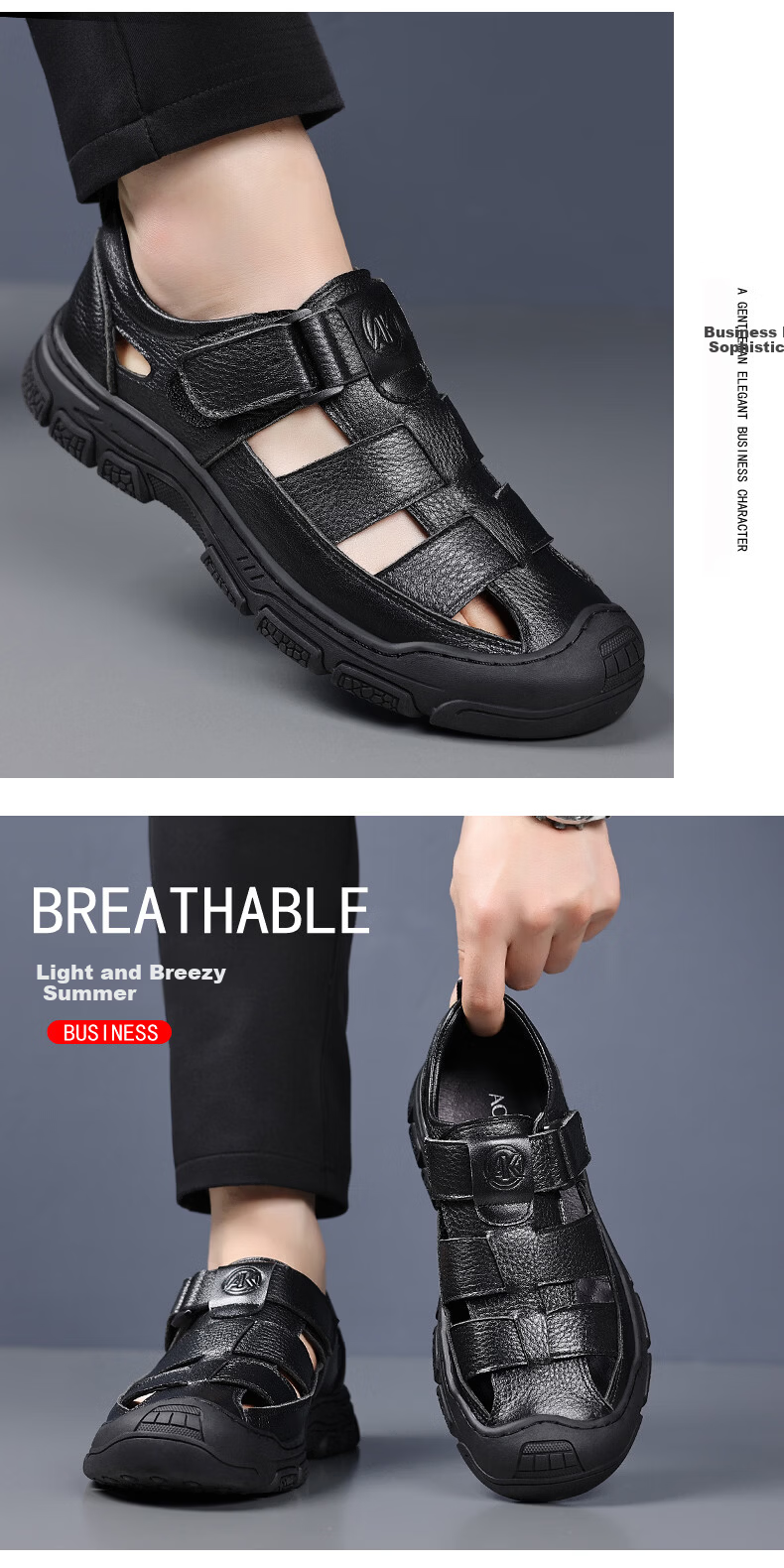 Aokang Father's Day Summer Perforated Shoes Men's Casual Leather Shoes Business Commute Hollow Leather Sandals Men's Black Size 44 12