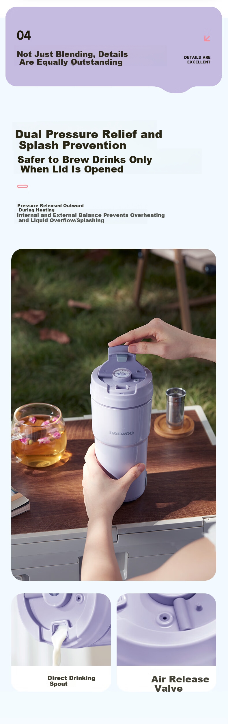 DAEWOO Mini Soy Milk Maker Smart Insulation Fully Automatic Portable Fresh Juice Extractor Direct Drinking No Filter Small Household Blender SM19 Purple 11