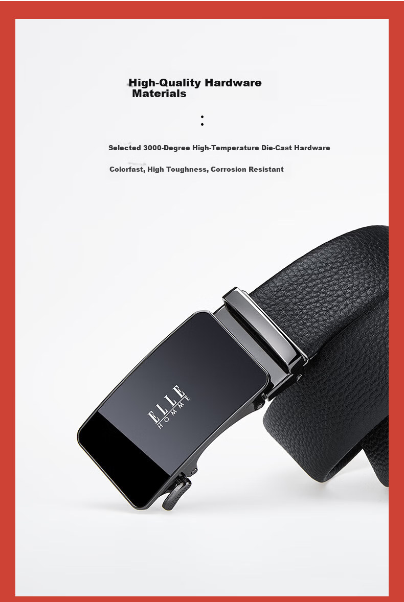 ELLE HOMME French Brand Men's Genuine Leather Belt Automatic Buckle Top Layer Cowhide Waist Belt Gift Box Birthday Gift for Boyfriend 8