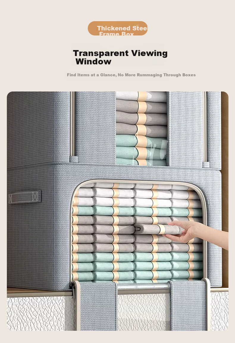40,000 KM Clothes Storage Box Household Clothing Quilt Linen Multifunctional Fabric Storage Box with Window Wardrobe Steel Frame Organizer Box 2