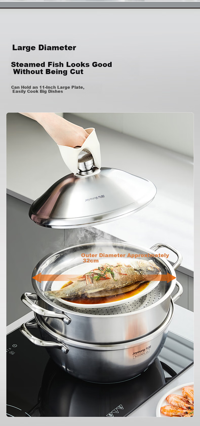 Joyoung 304 Stainless Steel Steamer Pot, Double Layer, 30cm, Suitable for 3-4 People, Compatible with Induction Cookers, Ideal for Steaming Fish and Buns 9