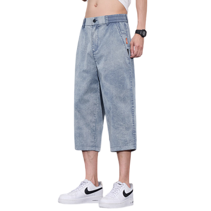 ROMON Tencel Denim Men's Summer Thin Ice Silk Casual Loose Capri Shorts Denim Blue 32