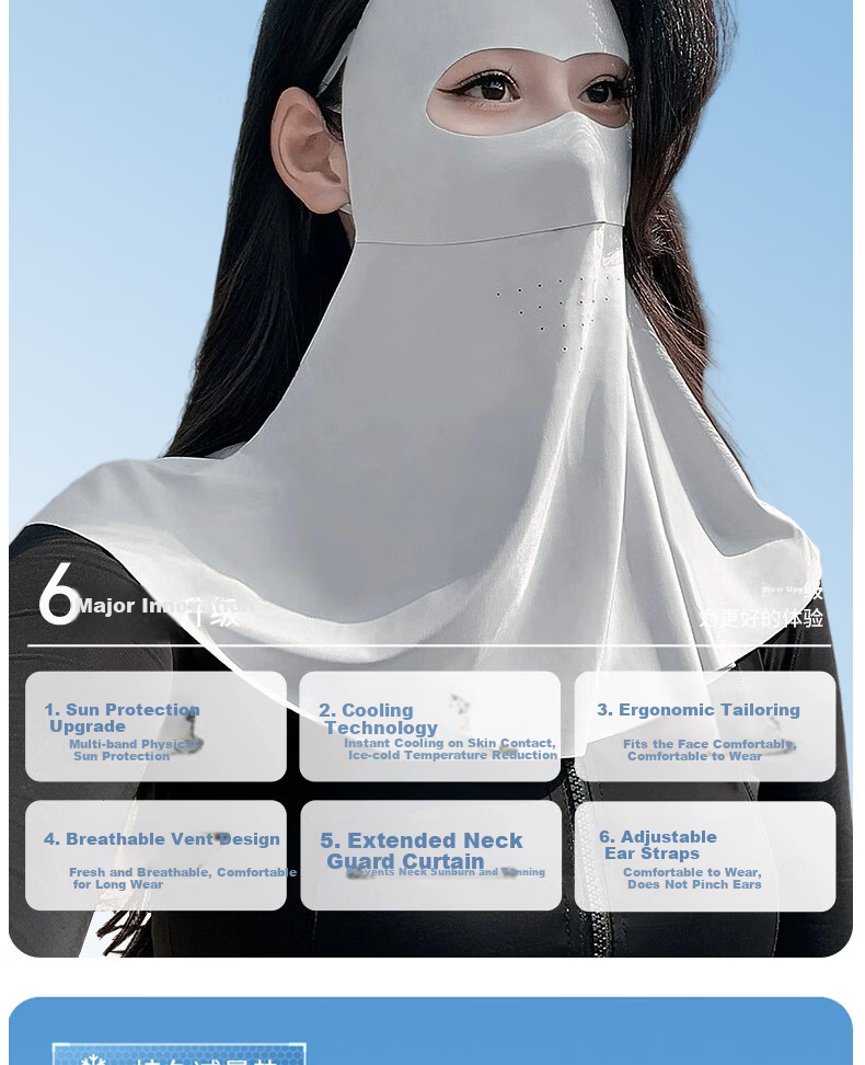 Langsha Sunscreen Face Mask Full Face Cover Outdoor Cycling Mask Ear-Hook UV Protection Loose 3D Extended Neck Guard Face Bikini 6