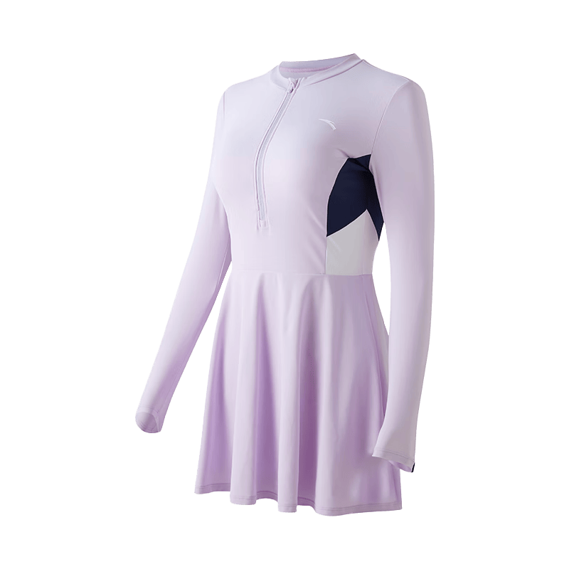 ANTA Women's Long Sleeve One-Piece Skirted Conservative Quick-Dry Sun Protection Slimming Swimwear Purple XL