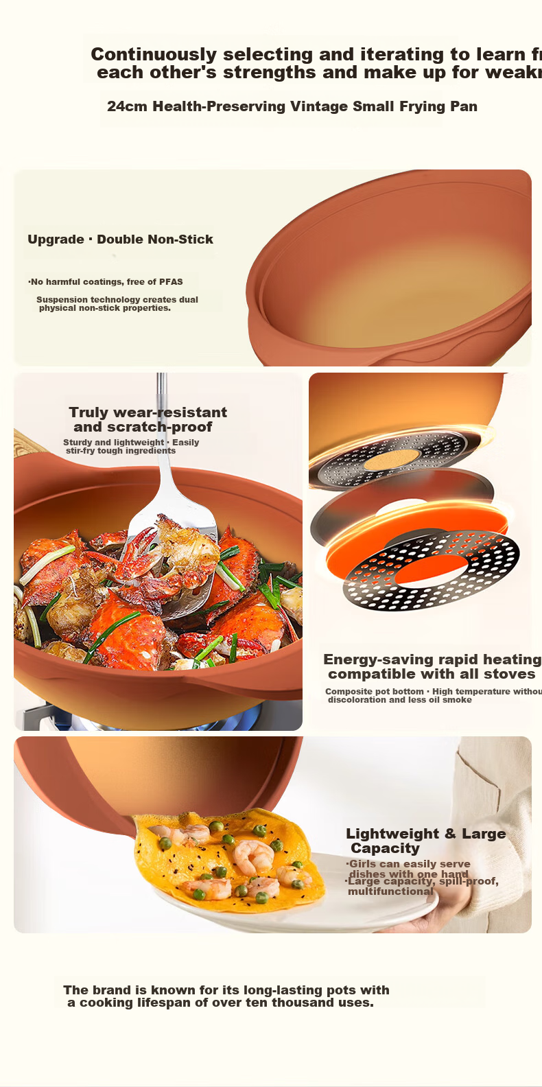 Amercook Clay Small Non-Stick Stir-Fry Pan Single Serving Cooking Wok for Induction and Gas Stove 2