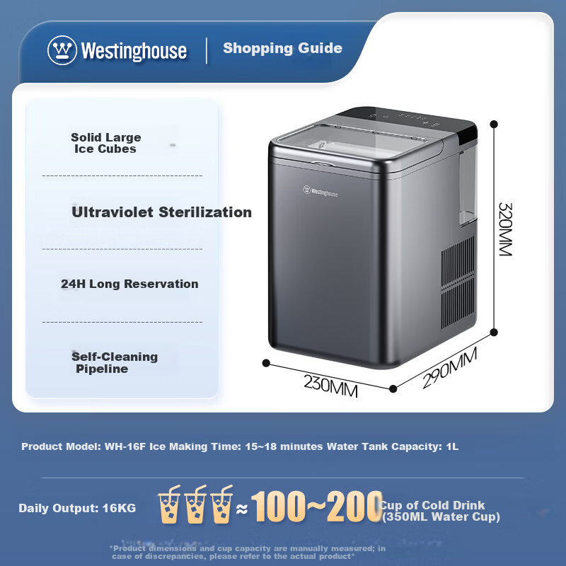 Westinghouse Home and Commercial Ice Maker Solid Cube Small Fully Automatic Fast Ice Maker UV Sterilization Whiskey Cocktail Companion Ice Machine WH-16F