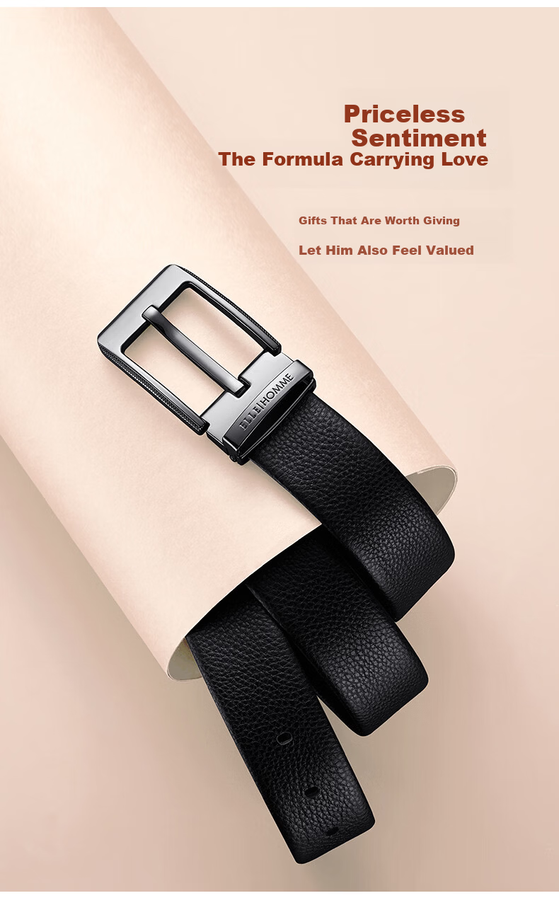 ELLE HOMME French Brand Men's Genuine Leather Belt First Layer Cowhide Pin Buckle Belt Gift Box Birthday Present for Boyfriend Husband 5