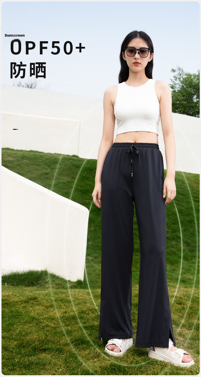 Moxun Women's Ice Silk Sunscreen Pants Summer Cool Outdoor Sports Casual Wide-Leg Straight-Leg Split Long Pants M 2