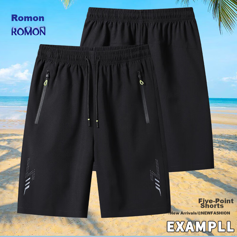 ROMON Men's Ice Silk Shorts Summer Breathable Thin Quick-Dry Stretch Loose Casual Five-Point Mid-Length Pants 2309 Black L