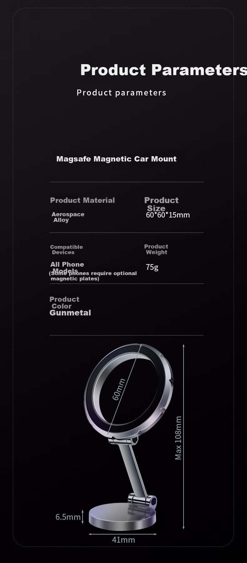 Feimao Leg Magsafe Magnetic Car Mount 360-Degree Rotatable Air Vent Zinc Alloy Magnetic Holder 10