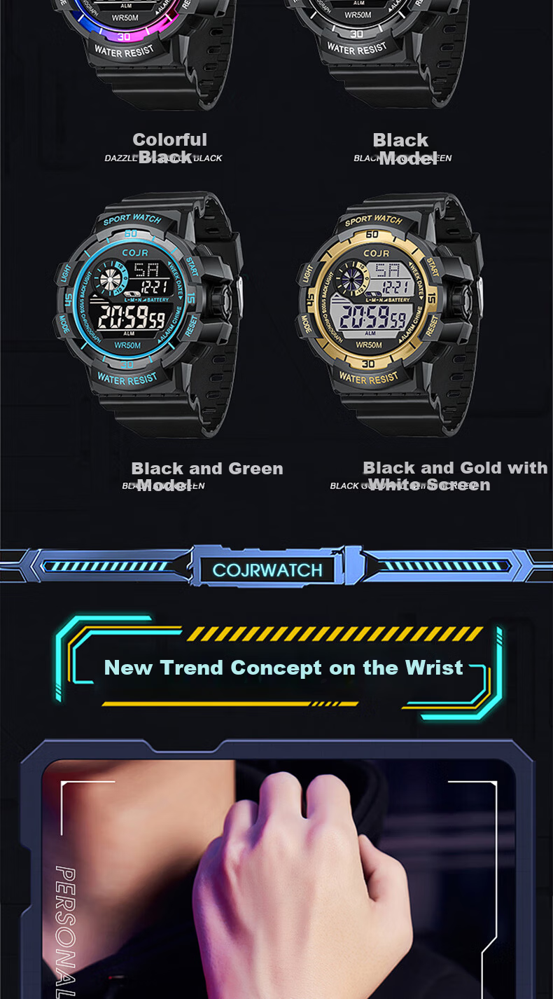 COJR Electronic Timing Watch for Boys Junior High Students Waterproof Sports Alarm Clock for Children 8