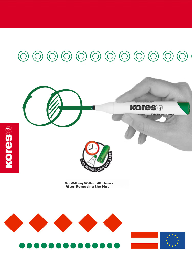 KORES European Imported Colossus Thick Erasable Colored Whiteboard Markers Large Capacity Red Blue Green Black Board Markers Writing Drawing Pens for Children and Teachers Non-Toxic Round Tip Black 4- 6