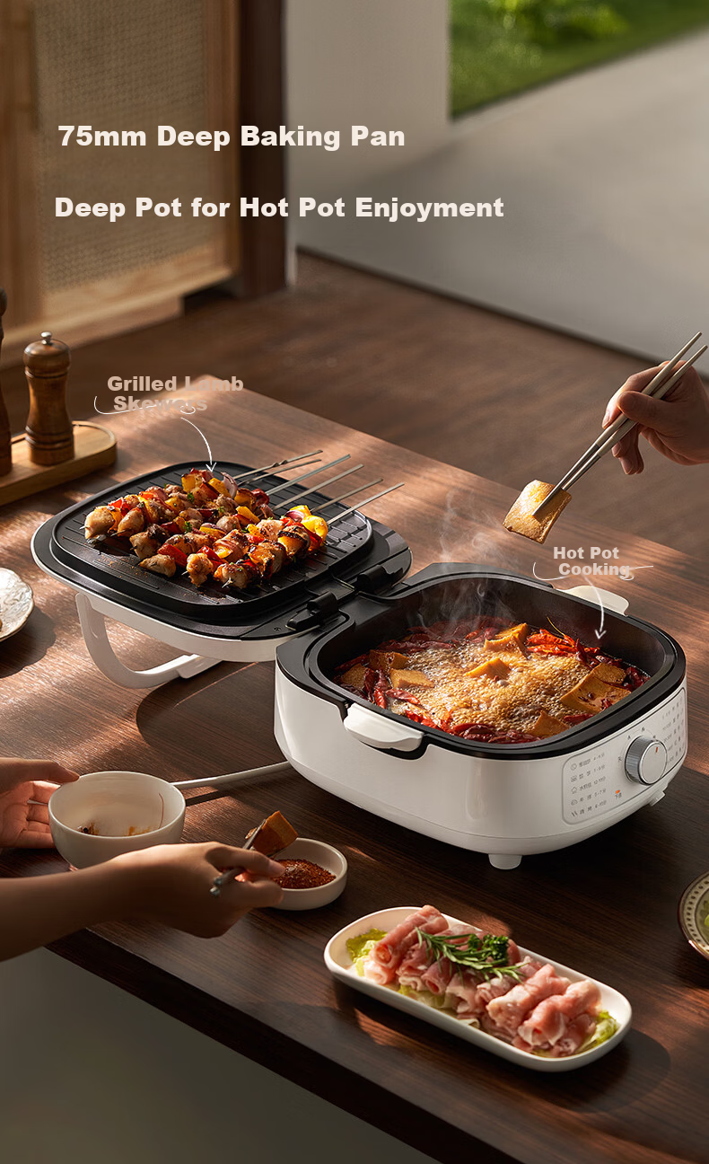 SUPOR Titanium Electric Griddle JT2828R664 - Removable Top and Bottom Plates, Multi-Function Steamer, Hot Pot, Frying Pan, Pancake Maker, Sandwich Breakfast Machine, 75mm Deep, Adjustable Heat 4