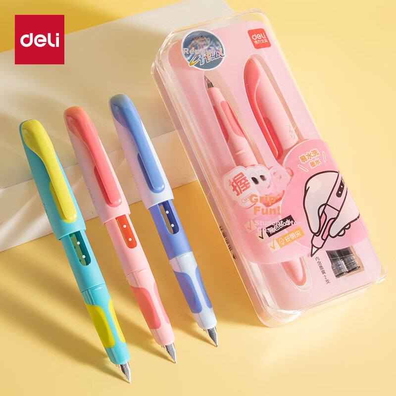 Deli Grip Fun Posture Correction Easy Wash Student Fountain Pen EF Nib Corrective Student Stationery (1 Pen + 2 Black Ink Cartridges) SF668 EF Nib (Approx. 0.38mm) Color Random
