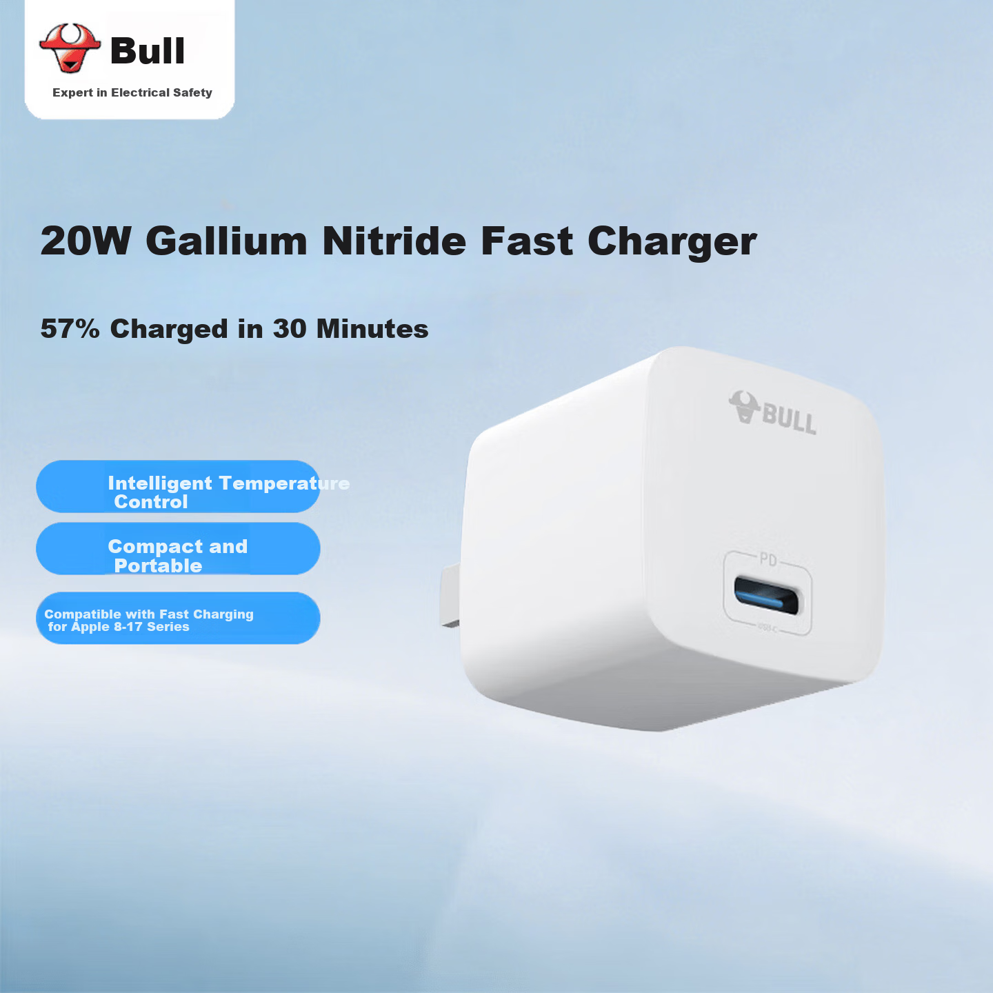 BULL Apple Fast Charger GaN Original PD20W for iPhone 16/15/14/13