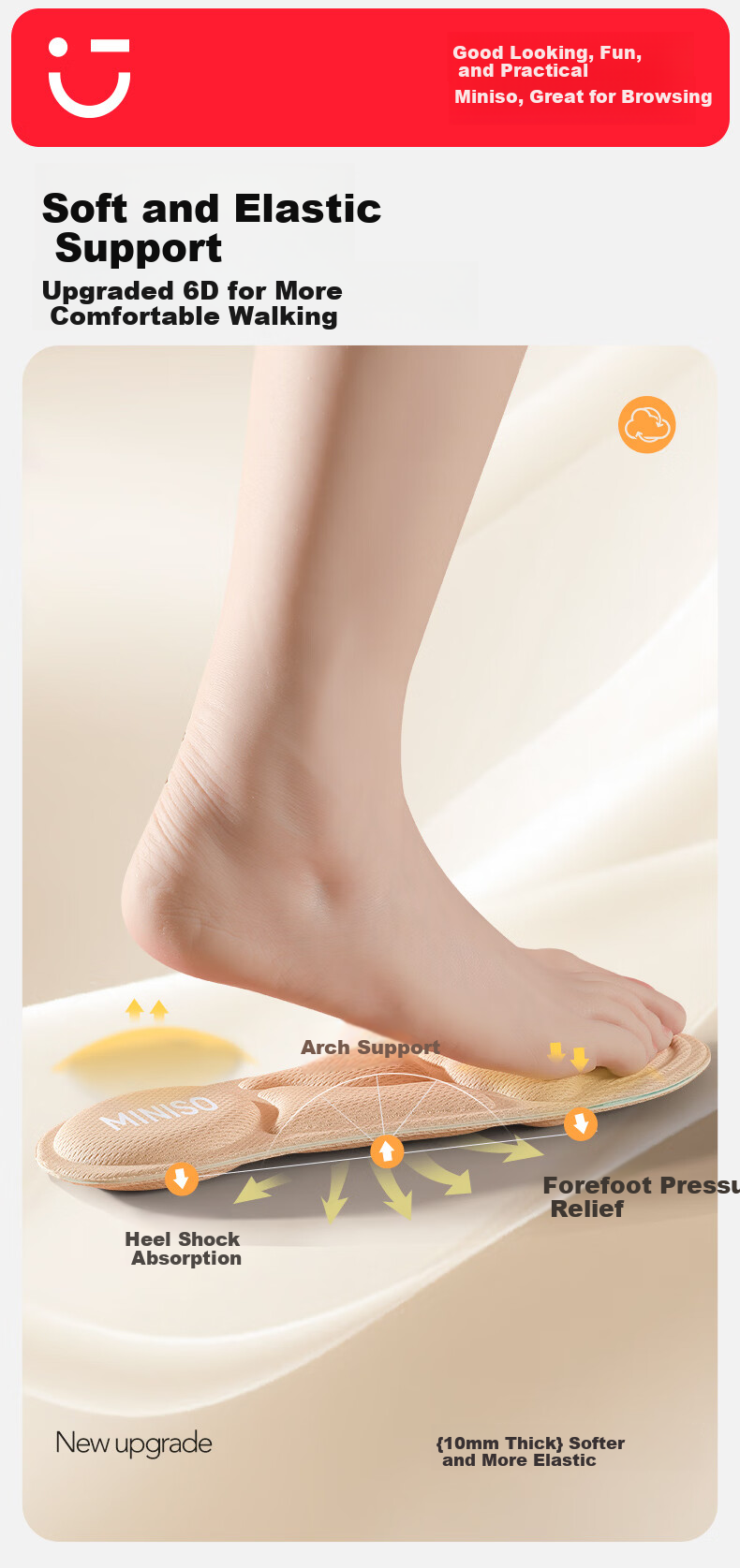 MINISO 6D Massage Arch Support Sports Insoles for Men and Women, Sweat-Absorbing, Breathable, Soft and Elastic, Size 44-46 4