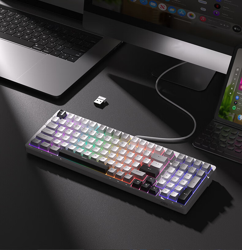 MageGee Light100 Tri-Mode Bluetooth Wireless Keyboard, 99 Keys Hot-Swappable Customizable Keyboard, RGB Translucent Side-Carved Keyboard, Gaming Mechanical Keyboard, Side-Carved Gray, Blue Whale Switches 14