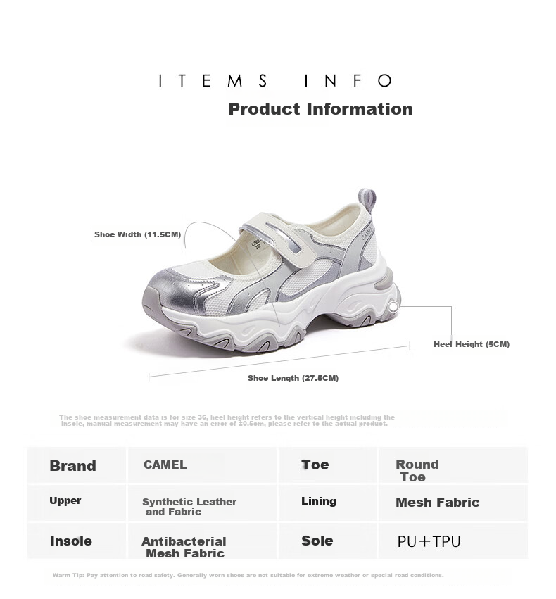 CAMEL Women's Dad Sneakers Mary Jane Height Increasing Hollow Breathable Velcro Sports Shoes L26S283159 Beige/Silver Size 36 14