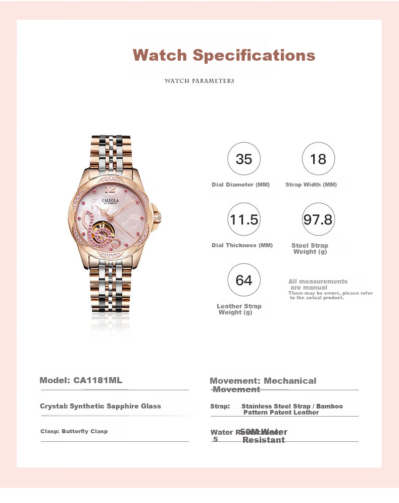 CALUOLA Carola Fully Automatic Mechanical Women's Watch Diamond-Studded Hollow Note Stainless Steel Fashion Waterproof Trendy Ladies Watch 5