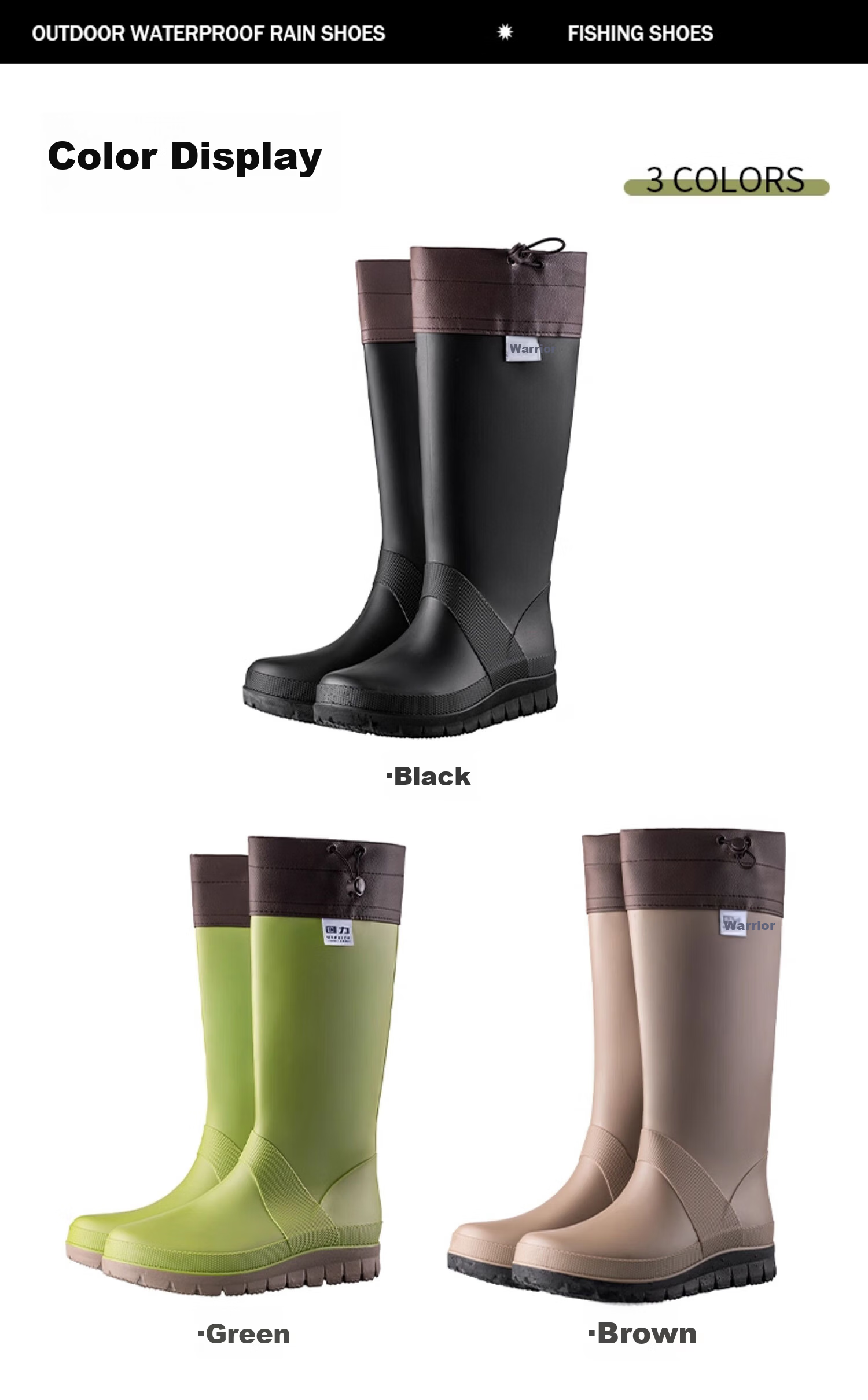 Warrior Unisex Outdoor Foldable Waterproof Rain Shoes Rubber Non-slip High Tube Rain Boots Camping Creek Shoes Brown Size 39 3