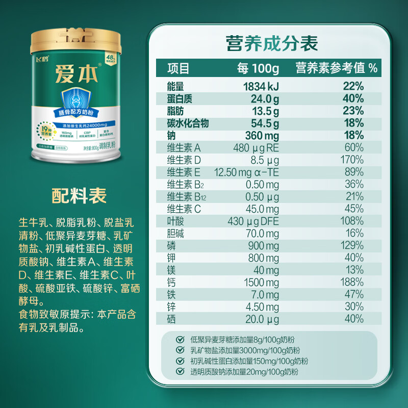 飞鹤1962爱本膳骨牛奶粉800g低GI中老年高蛋白初乳碱性蛋白送父母长辈