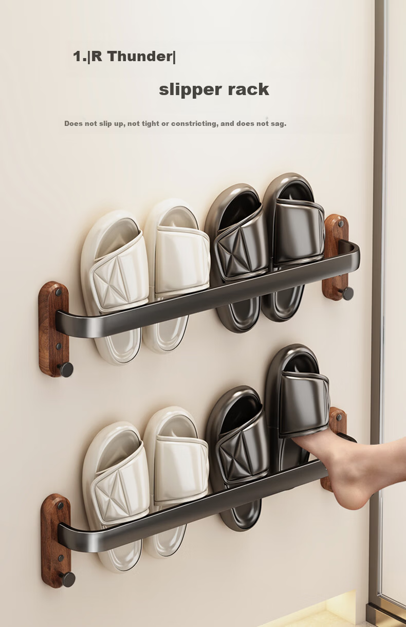 Youqin Walnut Wood Slipper Rack Bathroom Hanging Storage Shelf Wall-Mounted Draining Organizer for Toilet 1