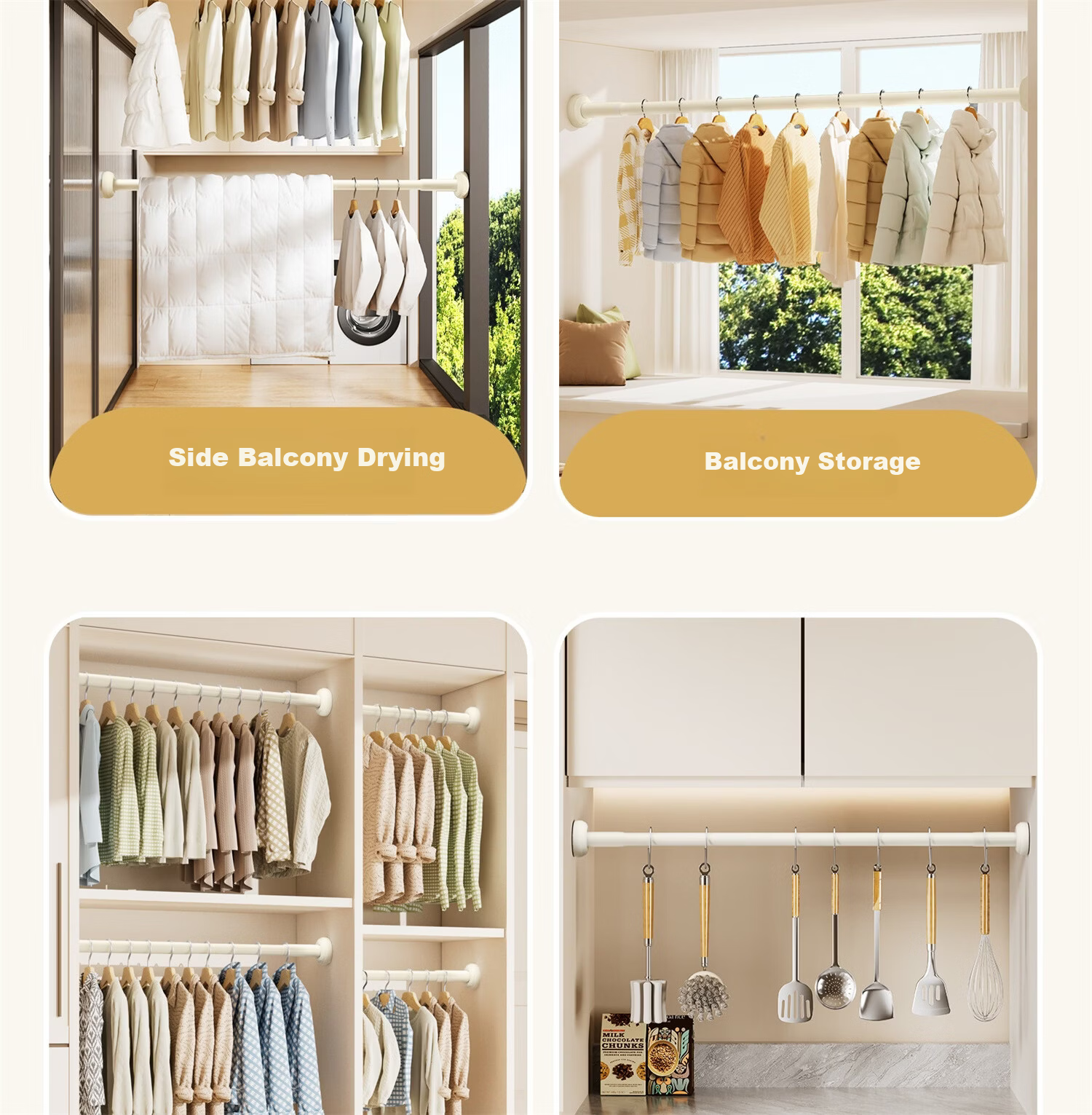 Submarine No-Drill Telescopic Clothes Drying Rod 304 Stainless Steel Shower Curtain Rod Balcony Clothes Hanger 50-80cm 23