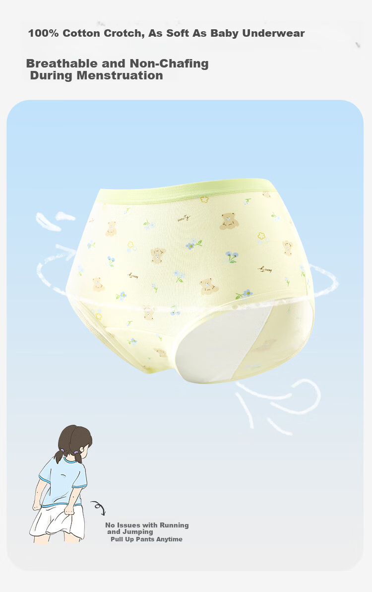 Jiusuiban 95% Cotton Girls' Menstrual Underwear, Three-Layer Leak-Proof Antibacterial Period Shorts for Girls 6