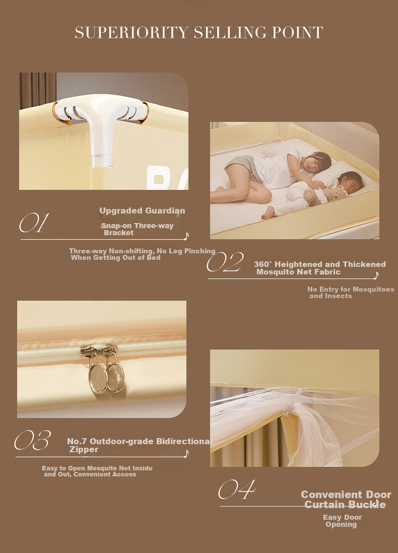 La Torretta Class A Baby Anti-Fall Mosquito Net Home Three-Door Encrypted Anti-Drop Bed Square Top Mosquito Net 2×2.2m Bed 1