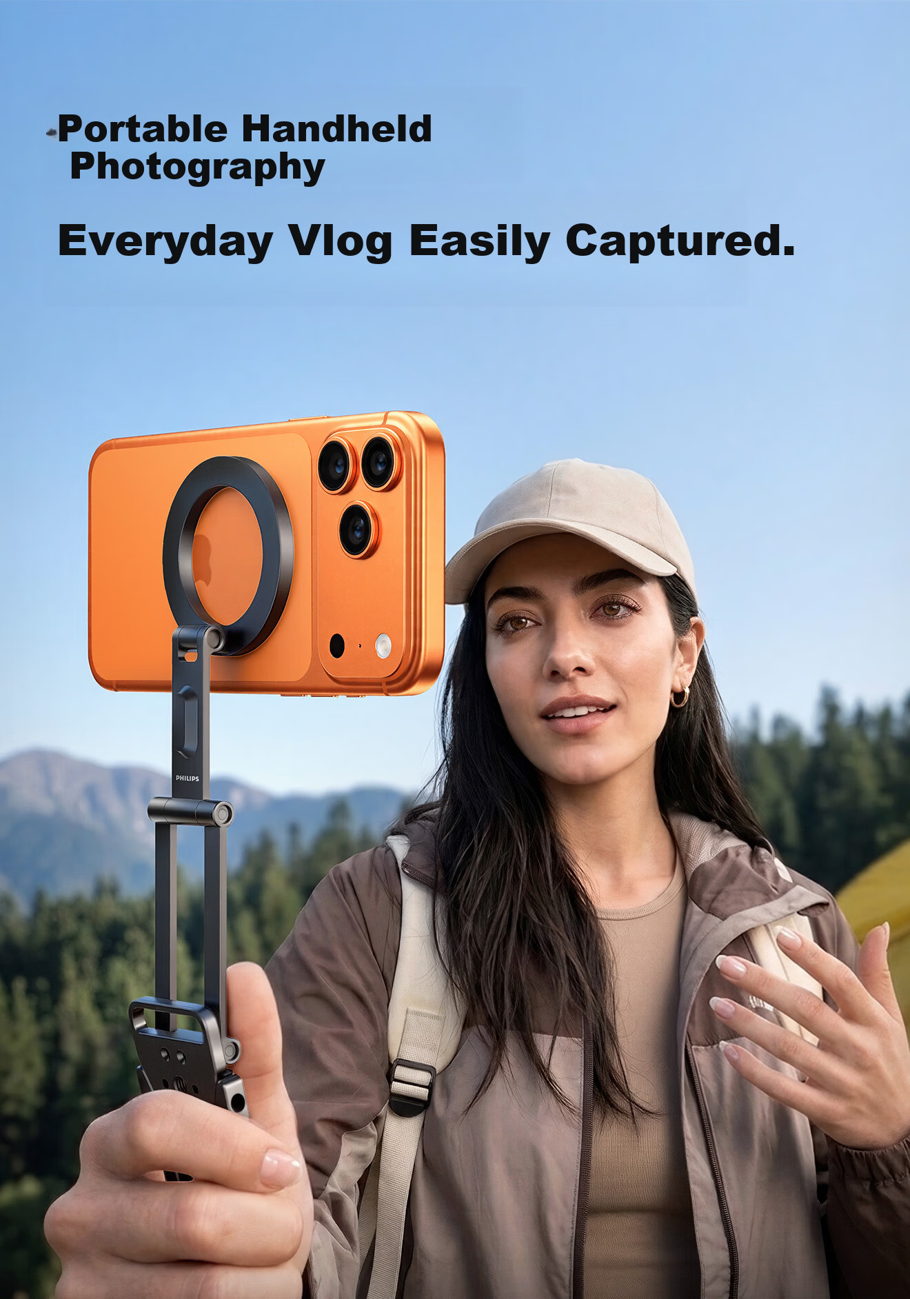 PHILIPS Dual Ring Magnetic Phone Stand, MagSafe Back Sticker, Compact Portable Folding Desktop Support, Binge-Watching Essential, Compatible with Apple And Android Phones, Finger Ring Stand 2333 Orange 9