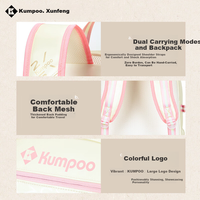 KUMPOO 25th Anniversary Series Badminton Bag Durable Waterproof Sports Backpack Xunfeng KB-5212.25th Pearl White/Pink