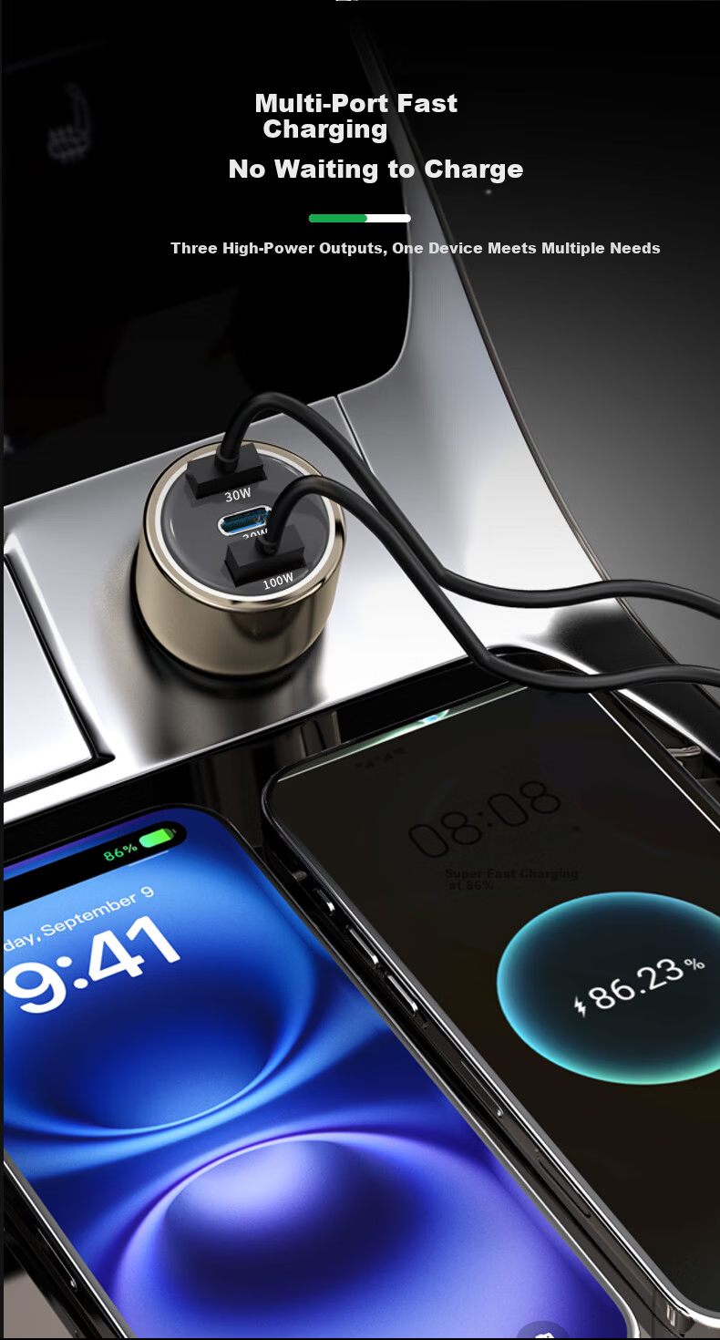 360 Car Charger Data Cable Set 2A1C 100W+30W Dual Super Fast Charging K10 Cigarette Lighter Charger Head One-to-Three Adapter Compatible with Apple Xiaomi Huawei 2