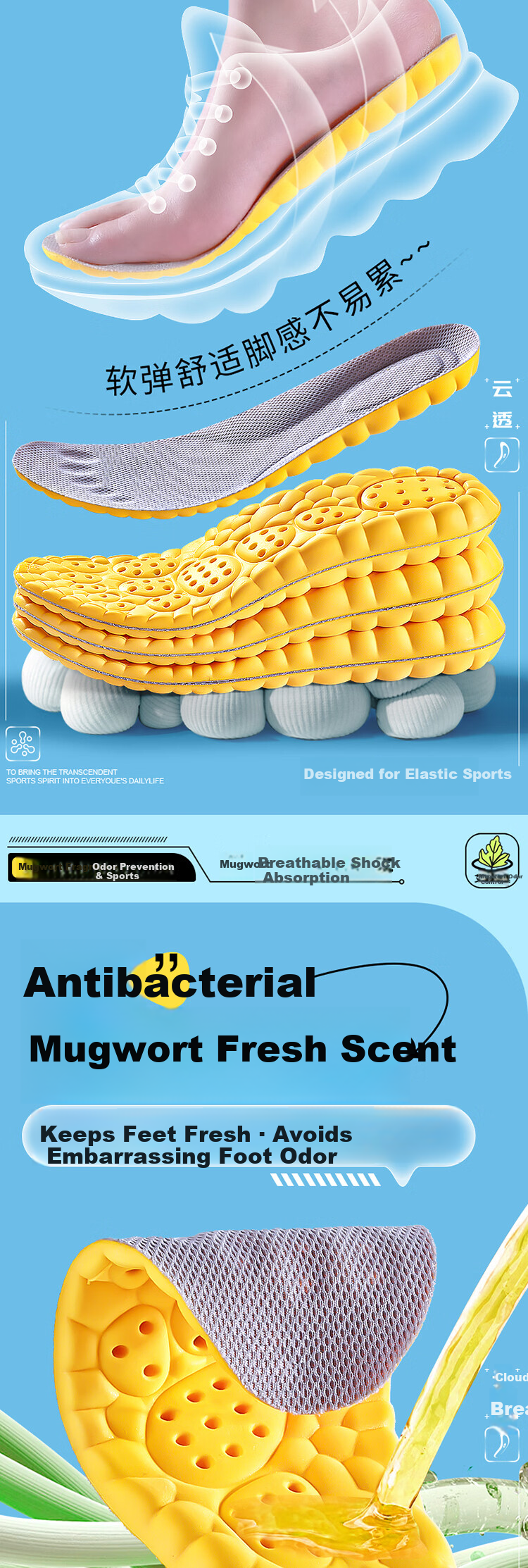 JVBV Sports Insoles Soft Elastic Anti-Fatigue High Resilience Shock Absorption Thickened Arch Support Sweat-Absorbing Breathable Size 35-36 3