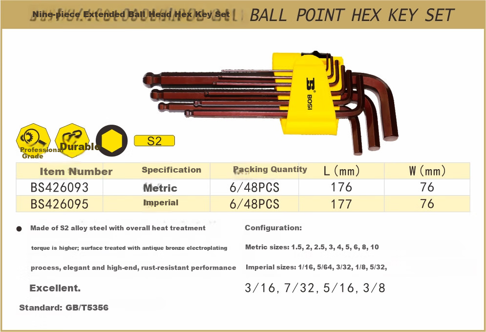 BOSI Imperial Long Ball End Hex Key Wrench Screwdriver Hexagon Wrench 9-Piece Set BS426095 1
