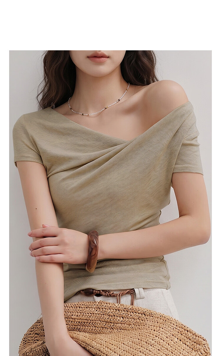 Demana [With Wool and Lyocell] Summer Fashion Urban Twist Off-Shoulder Short Sleeve Slim T-Shirt for Petite Women 10