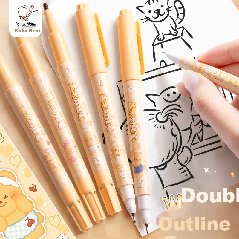 Kaba Bear Children's Black Double-Ended Outlining Pens 10-Pack Primary School Drawing Art Oil-Based Waterproof Markers Honey Bear