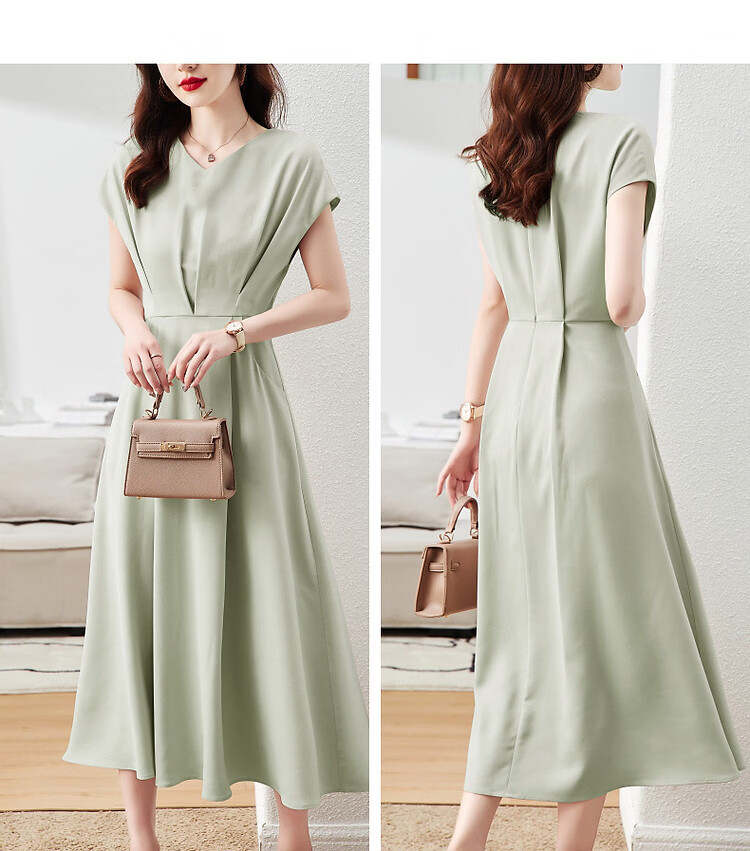 DME A-Line Skirt Summer Commuter V-Neck Short Sleeve Simple Mid-Length Dress for Women 13