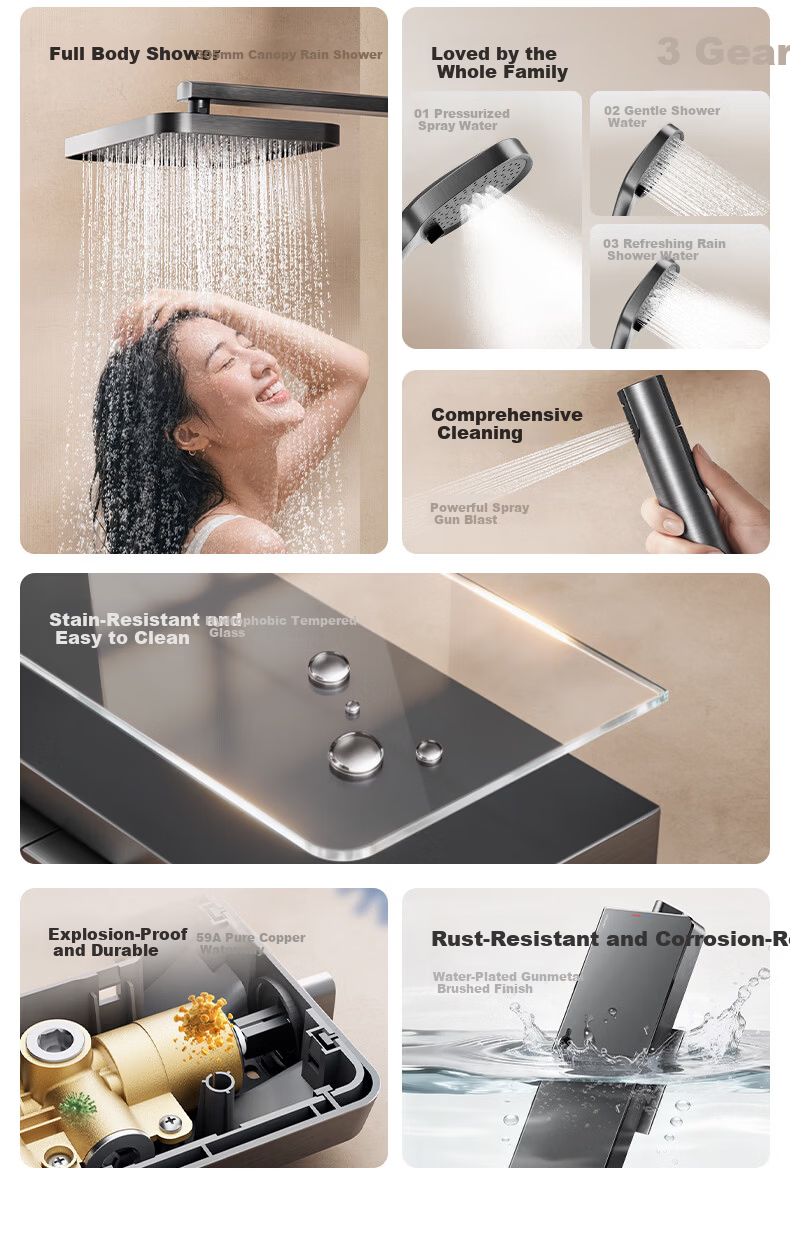 JOMOO Piano Key Shower Set Three-Function Spray Gun Gray Square Tube Wall-Mounted Large Storage Pressure-Boosting Descaling Showerhead 4