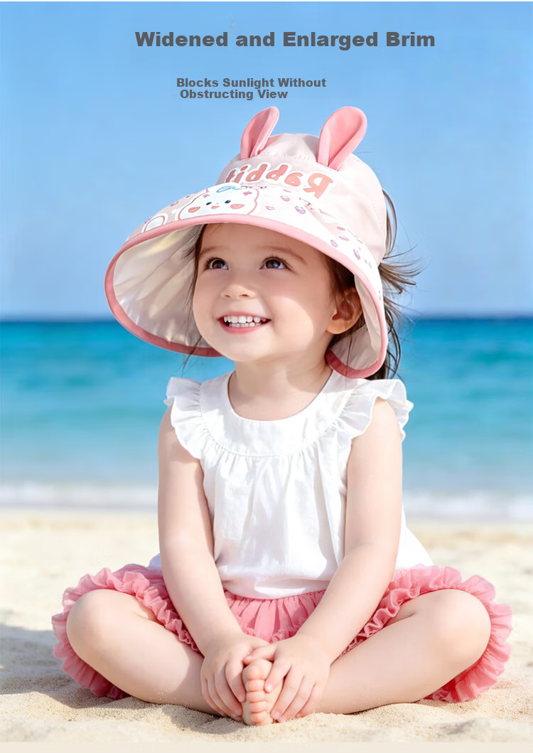 9i9 Kids Summer Sun Protection Hat Thin Girls Open-Top Wide Brim Sunshade Hat Sweet Strawberry Rabbit Ponytail 3-12 Years F36 2