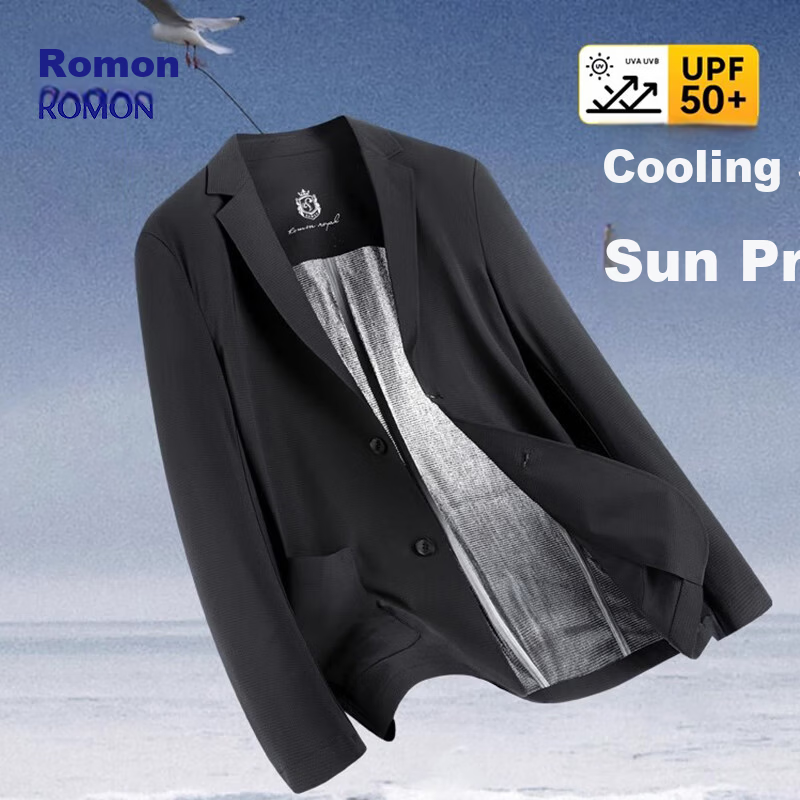 Romon Men's Sunscreen Jacket Summer Ice Silk Thin Quick-Dry Wrinkle-Free Breathable Executive Blazer Coat FSy Black M