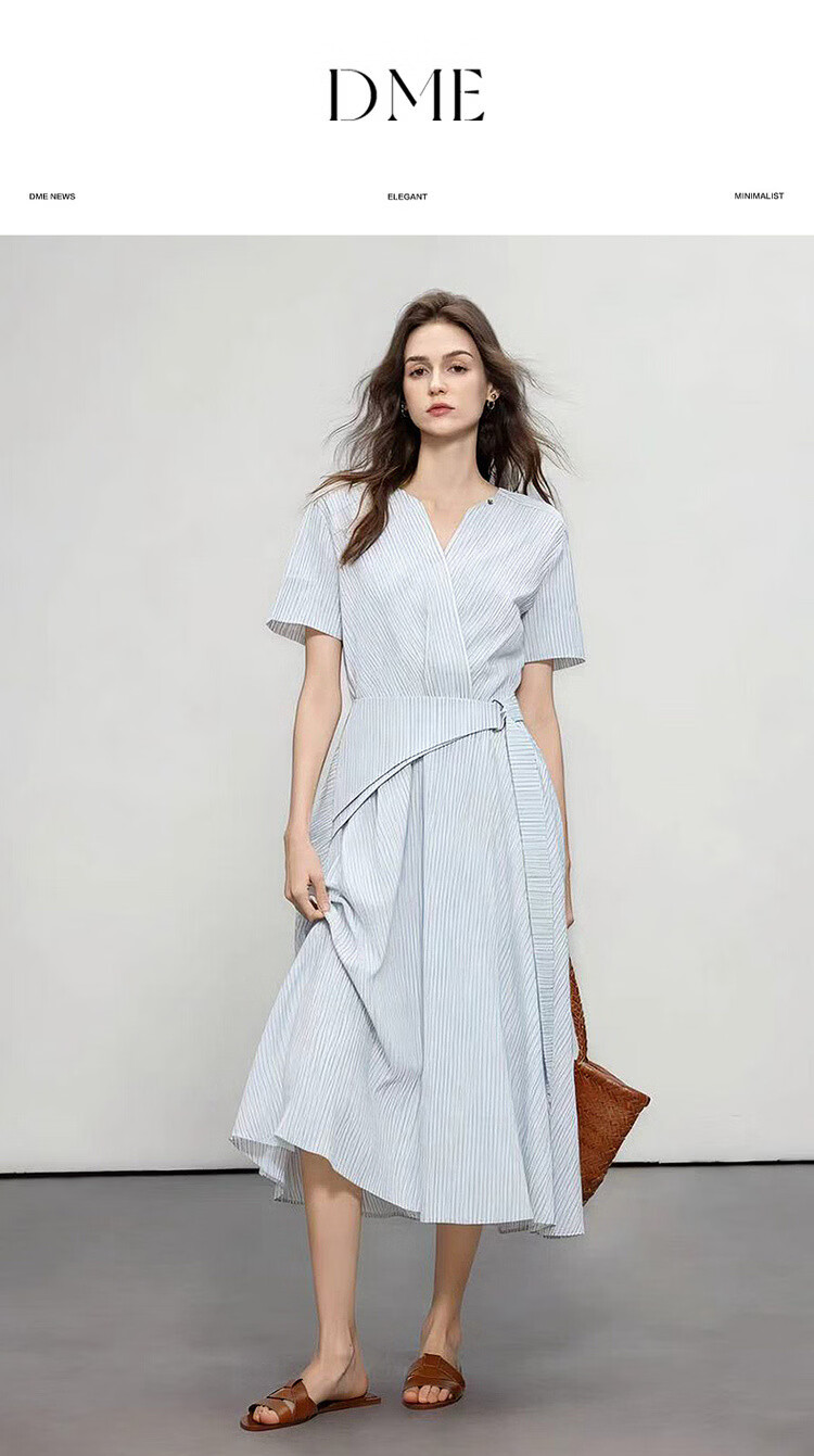 Demana Lightweight Cloud Oxygen Cotton Summer Simple Commuter V-Neck Striped Waist Belt Tie Waist A-Line Women's Dress 1