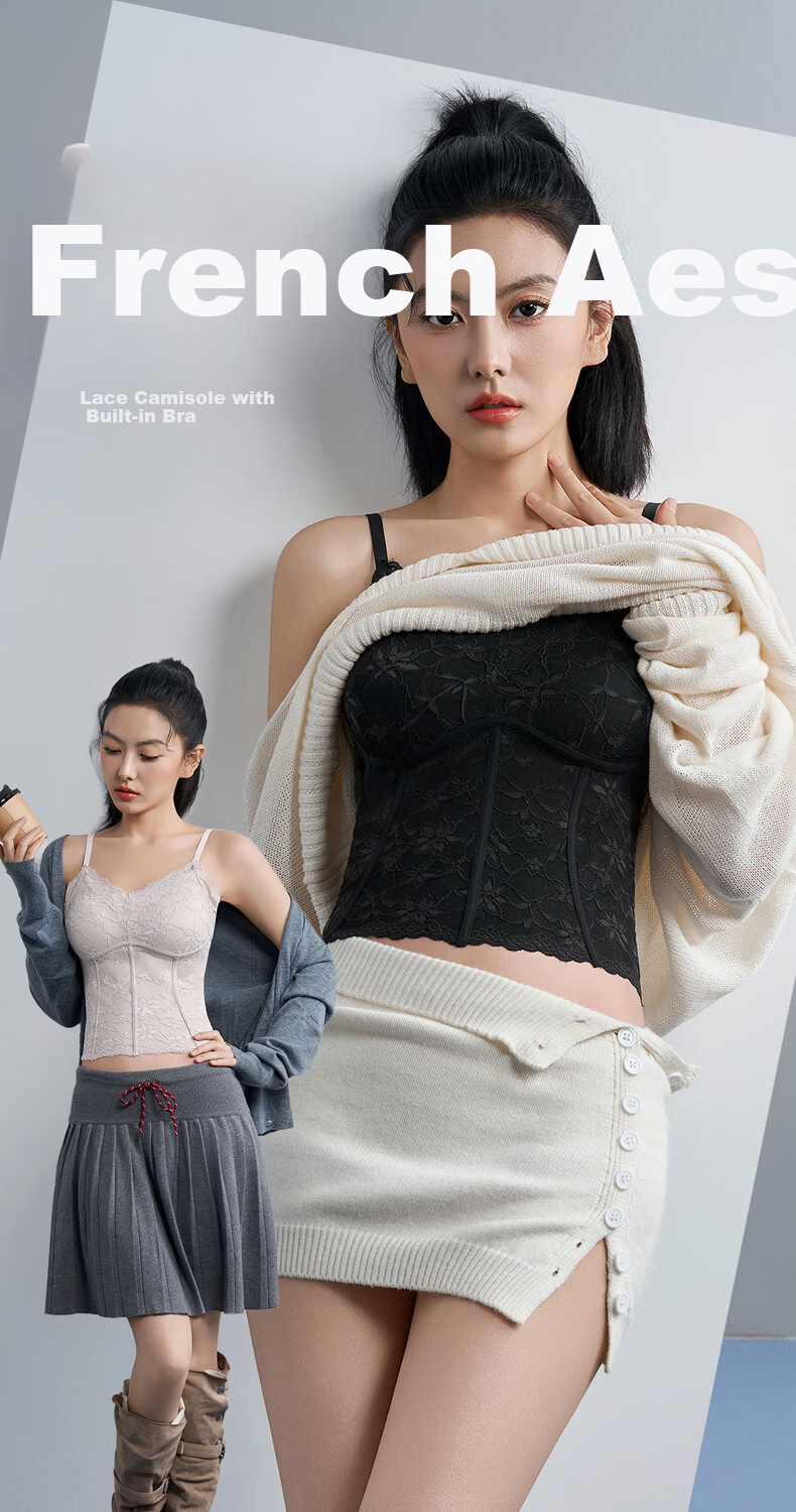 Tingmei [No Bra Needed] Sexy Lace Camisole Women's Thin Lingerie with Built-in Padding Convenient Vest for Outerwear 1