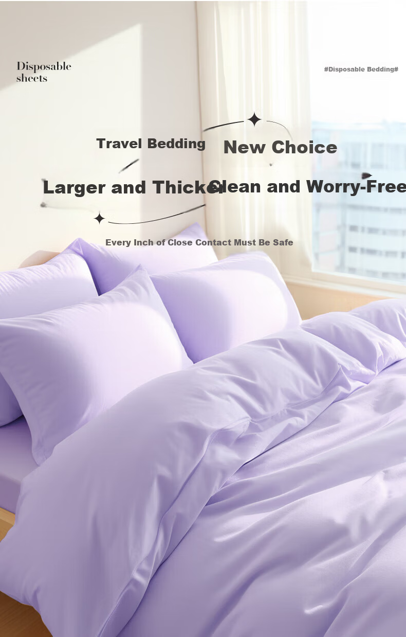 JAJALIN Disposable 4-Piece Double Bed Sheet Duvet Cover Pillowcase Thickened Anti-Dirt Sleeping Bag Travel Supplies Hotel Lilac Purple 1