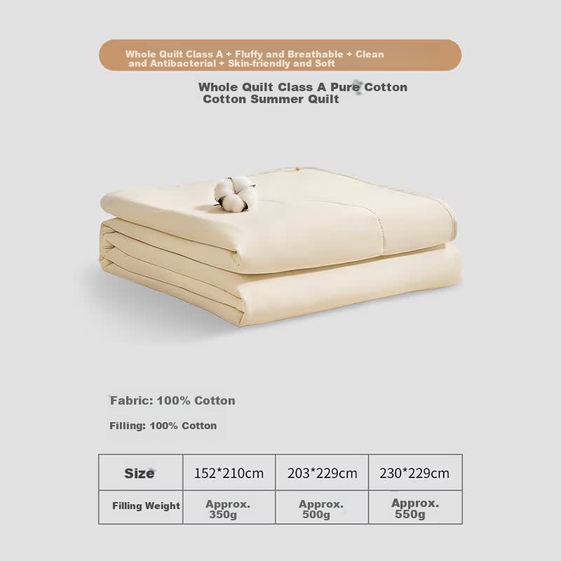 Fuanna Class A Cotton Summer Quilt 60s Pure Cotton Sateen Cooling Quilt All Cotton Air Conditioning Quilt Double Extra Large 230*229cm
