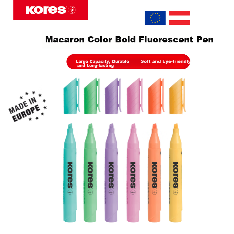 KORES Europe Kores Chisel Tip Highlighter Pen Student Colored Highlighting Marker Fluorescent Color Note-taking Opaque Large Capacity Marker Thick Barrel Yellow 4-Pack